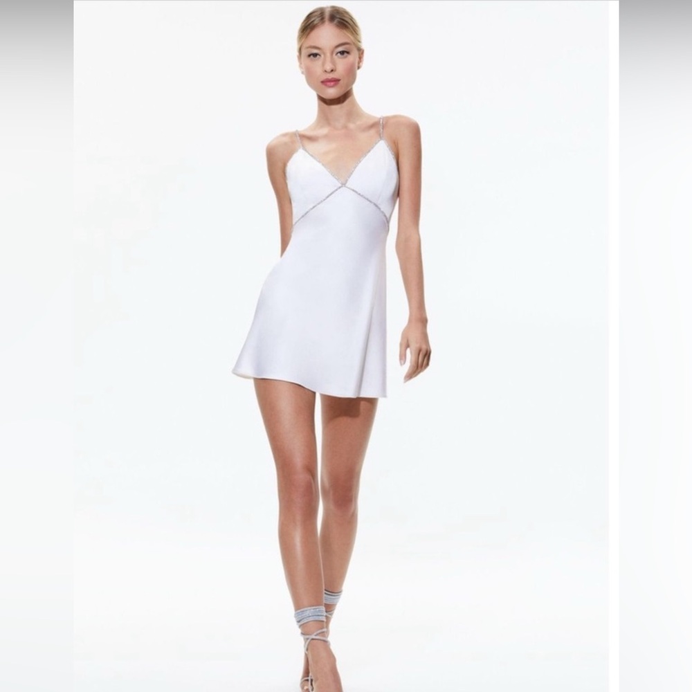 Alice + Olivia Julienne mini slip dress, white satin with rhinestone trim, sz 4